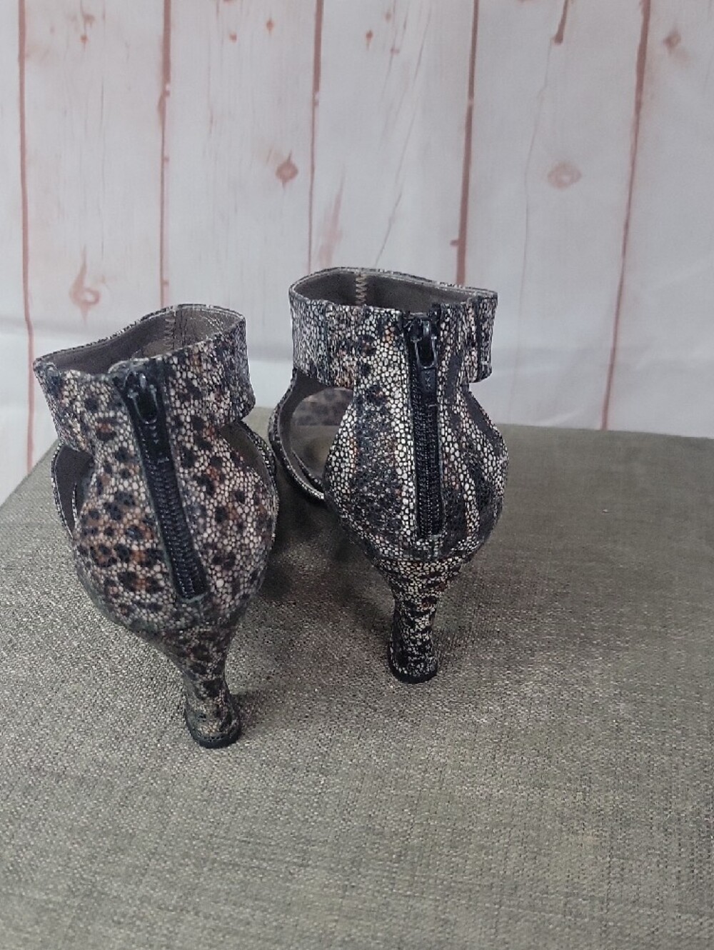 Array Women's Snake-Print Peep-Toe Heels in Black and Brown Tones - Picture 6 of 7